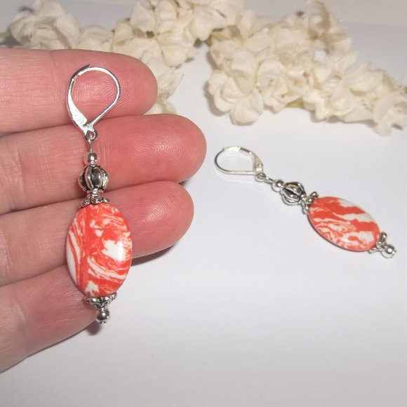 Orange & White Gemstone Earrings Beaded Jewelry Unique Colorful Lever Back 6737 - Picture 6 of 8